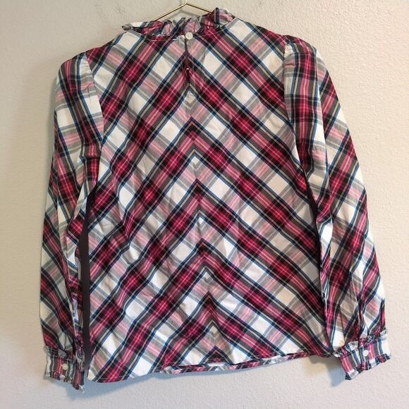 J Crew BM029 NWT Size XXS White Tartan Plaid Cotton-Blend Ruffle-Neck Top - Picture 6 of 9